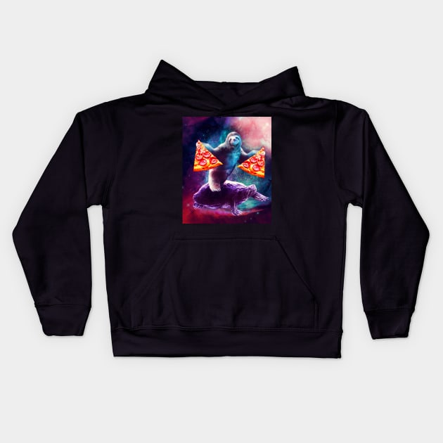 Funny Space Sloth With Pizza Riding On Turtle Kids Hoodie by Random Galaxy